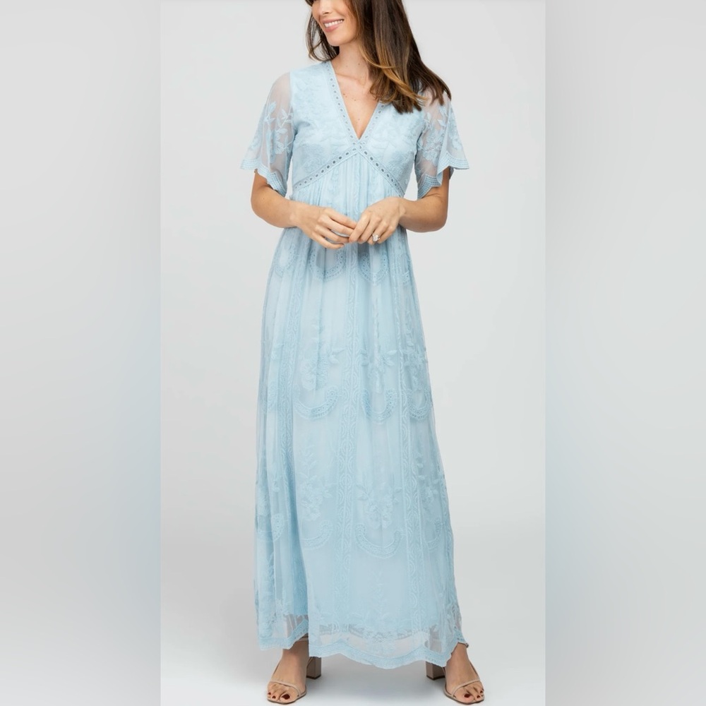 PINKBLUSH Light Blue Lace Mesh Overlay Maxi Dress